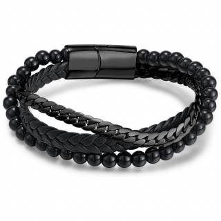 Bracelet triple homme � tresse avec perles et chaine en acier noir