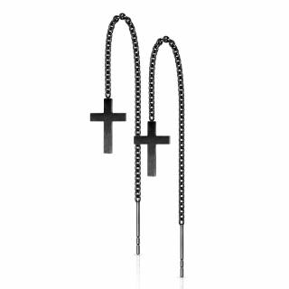 Chaines d'oreilles noires en acier � croix suspendues (Paire)