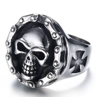 Chevali�re homme acier � crane et chaine de moto