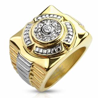 Chevali�re homme dor� et argent� en acier avec cercle de pierres