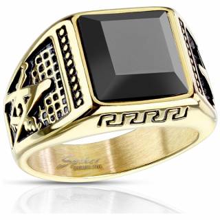 Chevali�re � symboles franc ma�on en acier dor� � pierre noire "LOGE NOIRE"