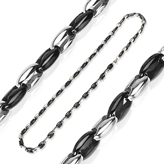 Collier homme en acier � maillons "grains de caf�" noirs et argent�s