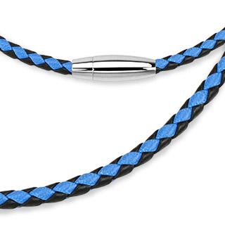 Cordon homme en cuir tress� noir et bleu avec attache aimant�e