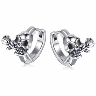 Cr�oles homme acier � crane avec orbites noirs et rose entre les dents (paire) "THANAROSE"
