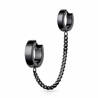Double boucle d'oreille pour homme noire � anneaux clickers enchain�s (� l'unit�)