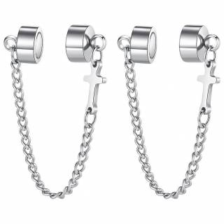 Fausses boucles d'oreilles en acier � chaine et croix (Paire)