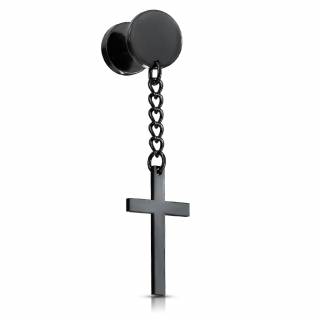 Faux plug PVD noir � pendentif croix