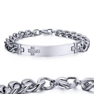 Gourmette homme en acier � plaque avec croix de pierres