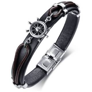 Bracelet homme similicuir noir et marron � roue nautique en acier