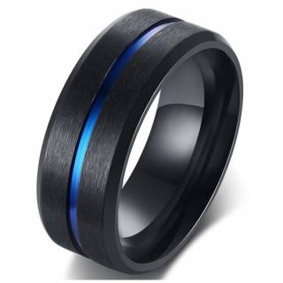 Bague homme noire en acier travers�e d'une ligne bleue