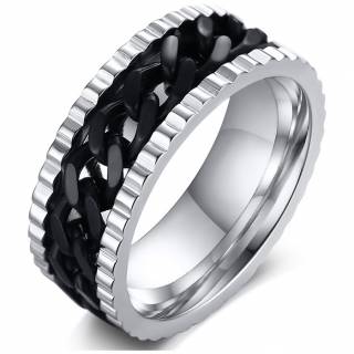 Bague homme crant�e en acier � chaine noire