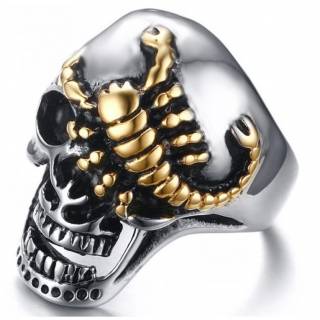 Bague homme punk-rock en acier � t�te de mort et scorpion