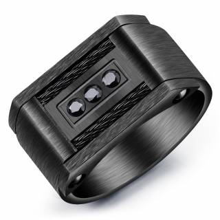 Chevali�re homme noire en acier � filins et trio de zirconiums