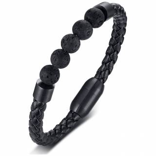 Bracelet homme cuir � perles de lave noires