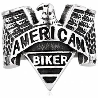 Bague homme en acier grav� "American Biker" avec aigle