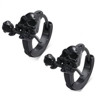 Boucles d'oreilles acier noir � t�te de mort avec rose entre ses dents (paire) "SKULLROSE NIGRA"