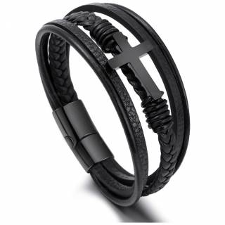 Bracelet homme tresse et lani�res en cuir � croix latine noire