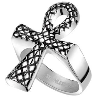 Bague homme croix �gyptienne Ankh aspect peau de serpent en acier