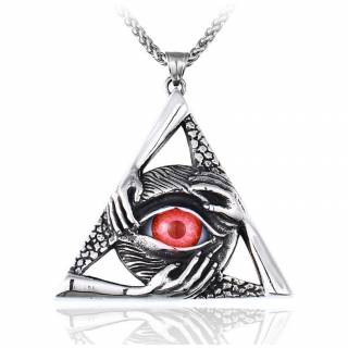 Pendentif homme Triangle � oeil rouge et mains en acier