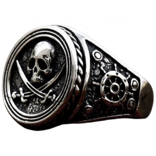 Bague homme acier T�te de mort pirate � sabres crois�s