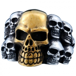Bague homme en acier dor� et argent� � mur de cranes