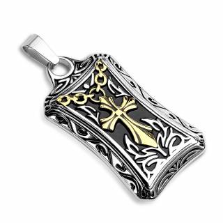 M�daillon ceintr� en acier � croix et reliefs celtiques