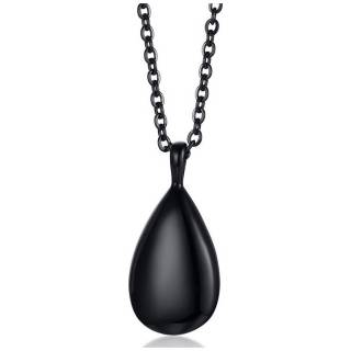 M�daillon noir en forme de larme / goutte en acier (chaine incluse)