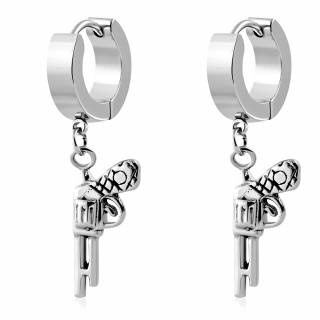 Paire de boucles d'oreilles en acier avec pistolet r�volver suspendu