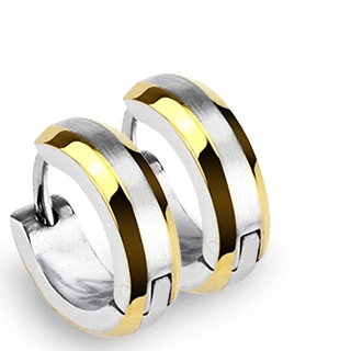 Paire de boucles d'oreilles homme acier � bords dor�s et bizeaut�s