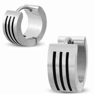 Paire de boucles d'oreilles larges en acier � trio de lignes noires