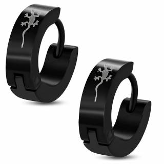 Paire de boucles d'oreilles noires en acier avec petit l�zard imprim�