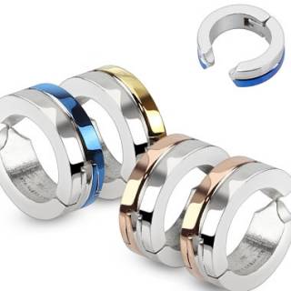 Paire de fausses boucles d'oreilles homme en acier � bandes bicolores