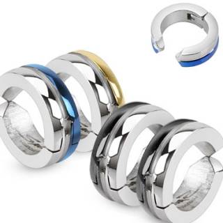 Paire de fausses boucles d'oreilles homme en acier � centre rainur� et bord color�