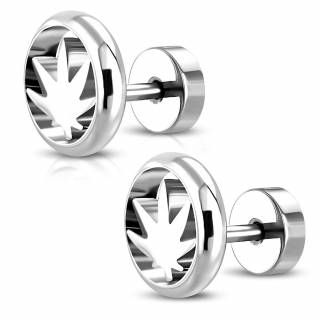 Paire de faux plugs � feuille de cannabis en acier