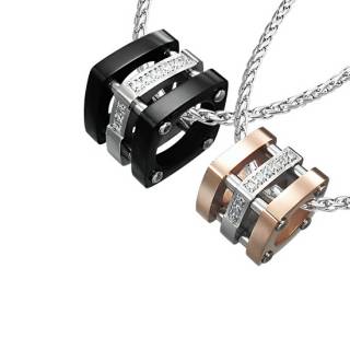 Paire de pendentifs acier anneaux carr�s sertis