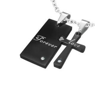 Paire de pendentifs acier plaque et croix Love Forever