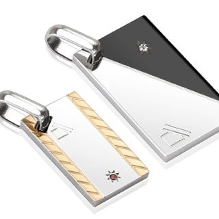 Paire de pendentifs acier plaques abstraites � motifs diagonaux