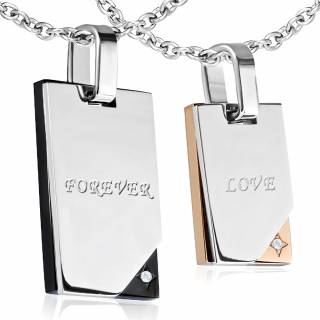 Paire de pendentifs en acier avec plaques "Forever" superpos�es