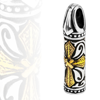 Pendentif acier balle scupt�e � croix dor�e