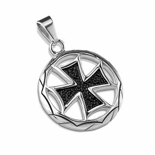 Pendentif acier croix de Malte cercl�e effet lave s�ch�e