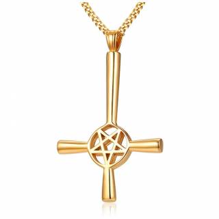 Pendentif acier croix de satan dor�e (invers�e et pentacle)