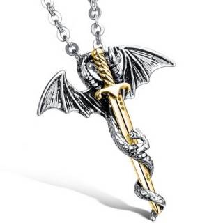Pendentif acier dragon � �p�e dor�e