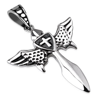 Pendentif acier �p�e ail�e avec bouclier