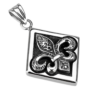 Pendentif acier fleur de Lys sur plaque losange