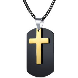 Pendentif acier plaque noire et croix dor�e