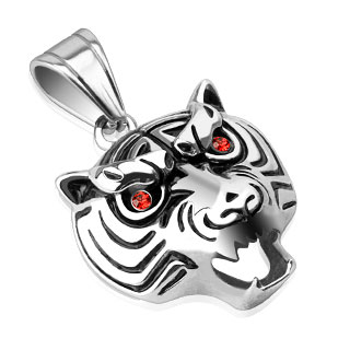 Pendentif acier t�te de tigre aux yeux rouges