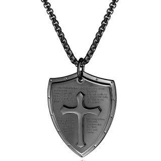 Pendentif bouclier acier noir � gravure "Notre p�re"