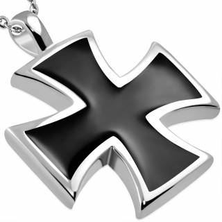 Pendentif croix de Malte noire et argent�e en acier