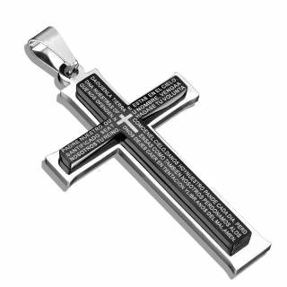 Pendentif croix homme en acier noir et inox avec pri�re