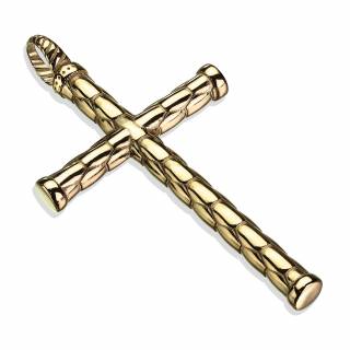 Pendentif croix latine � �cailles en acier dor�